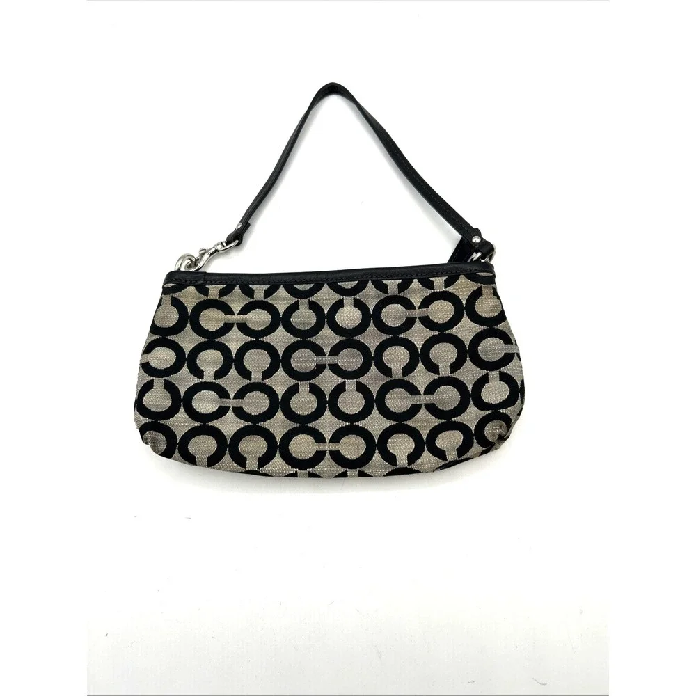 Coach Madison OP Art Wristlet Women Small Grey Signature Jacquard Zip Clutch